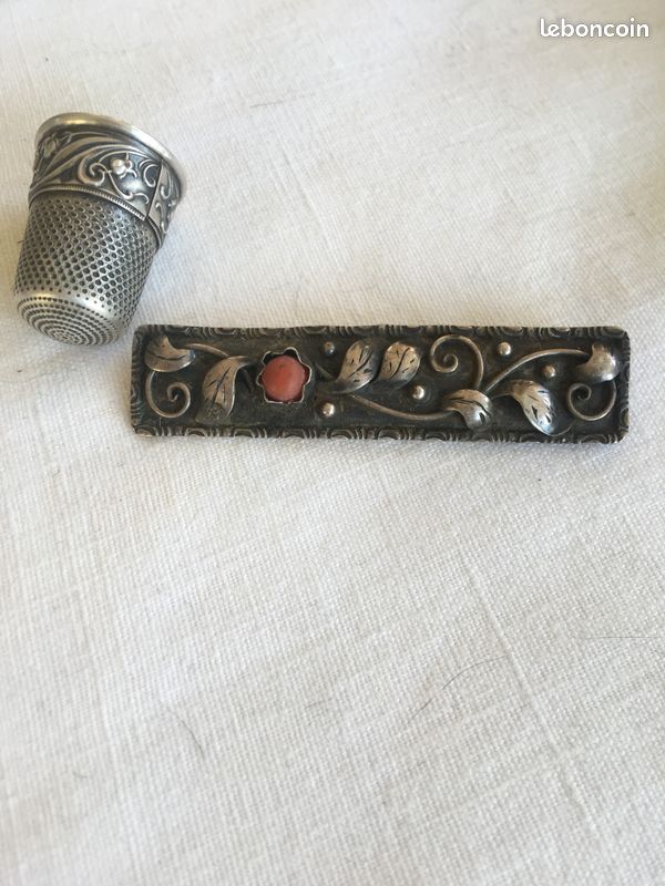 Broche Vintage Argent 835 Avec Cabochon Agate Rouge - Motif Fleuri, Barrette, Occasion