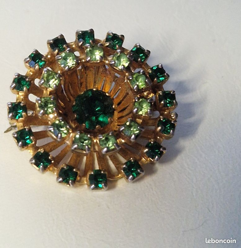 Broche Vintage Or Avec Cristaux Et Péridot - Occasion, Florilège, Bijou Ancien