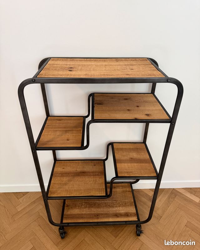 Etagère industriel asymétrique bois métal roulette (image 11)