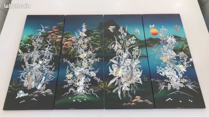 Lot de 4 tableaux asiatiques vietnamiens en bois laqué et nacre neuf (image 1)