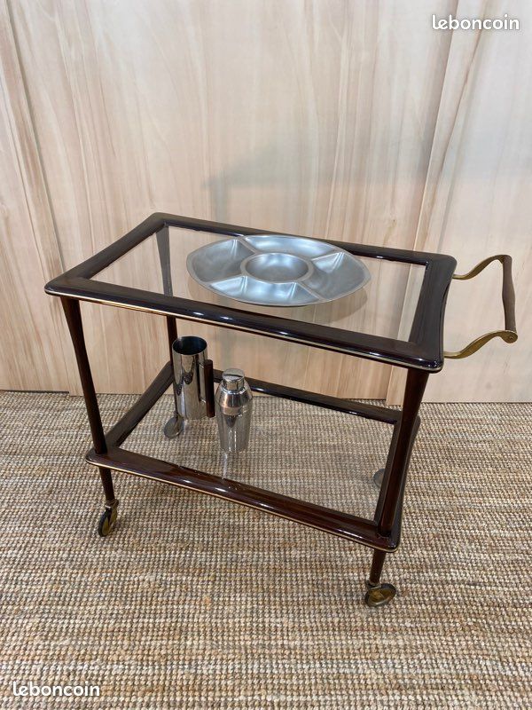 Desserte années 1950 par Cesare Lacca à deux plateaux de verre en laiton et palissandre laqué (image 8)
