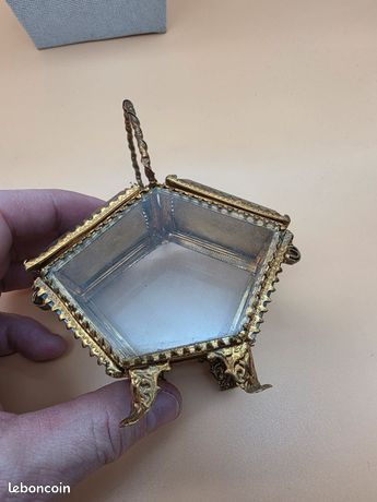 Lot Ancien - Boîte à Bijoux Verre Années 50-60 & Broche Panier Perles - Occasion Très Bon État