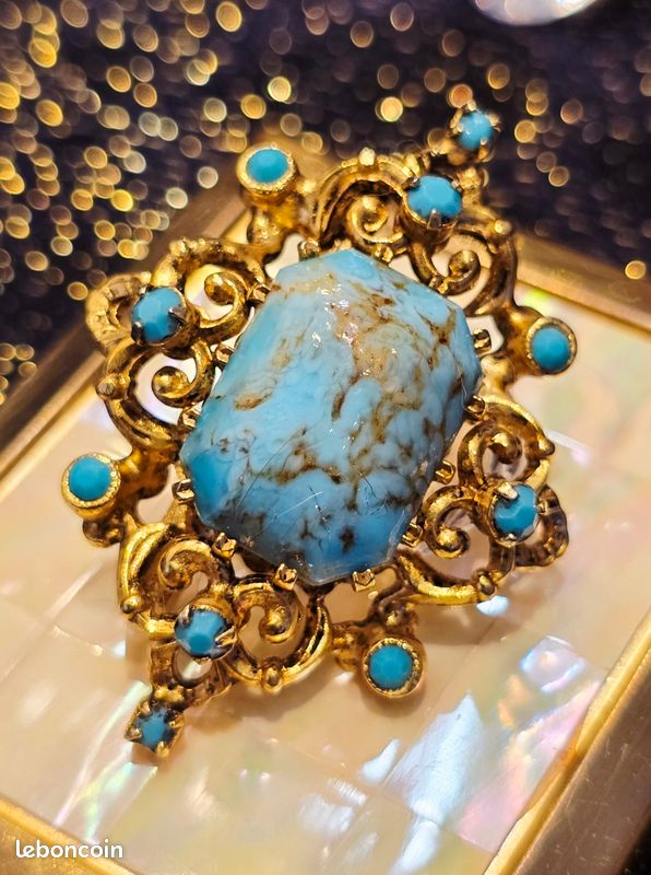 Grande Broche Vintage Avec Grosse Pierre Bleue - Céramique Argenté