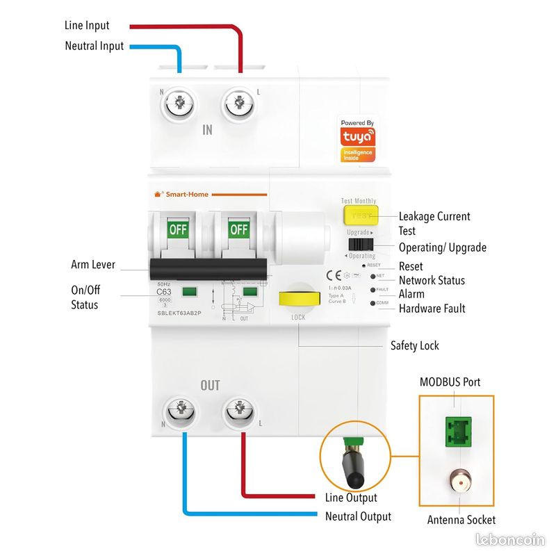 Disjoncteur monophasé différentiel 30mA type A connecté WIFI Tuya "Smart RCBO" - Disjonctions : Courant de Fuite, Surintensité, Surtempérature, Surpuissance, Sous/Surtension - Alexa - Enregistrement (image 5)