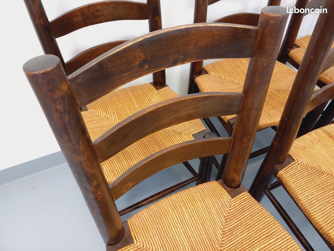 Suite de 6 chaises brutalistes vintage Georges Robert en bois et paille des années 50 60 (image 5)