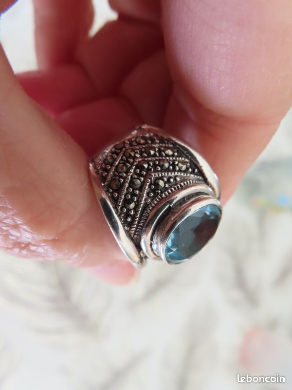 Bague Ancienne En Argent Avec Topaze Et Marcassites - Style Antique - Taille Ajustable (tdd52)