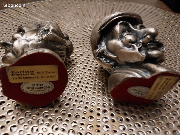 Paire De Petits Bustes En Étain Argenté - Personnes Âgées - Sculpture Italienne Vintage
