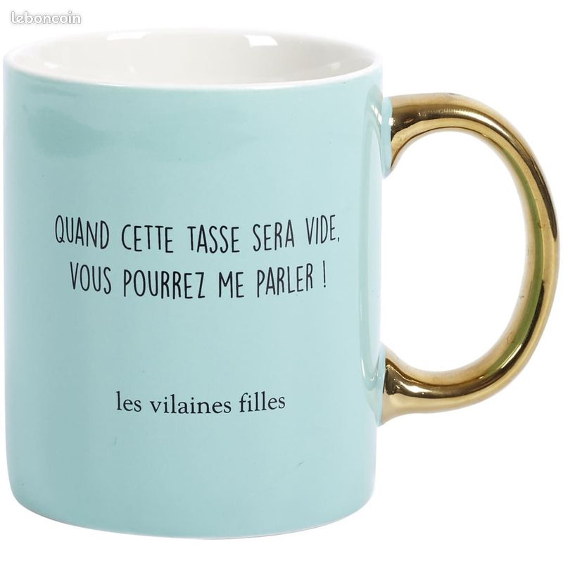 Mug Quand cette tasse sera vide Vous pourrez me parler Bleu turquoise Anse dorée Céramique grès D12 x H9,5 cm NEUF (image 7)