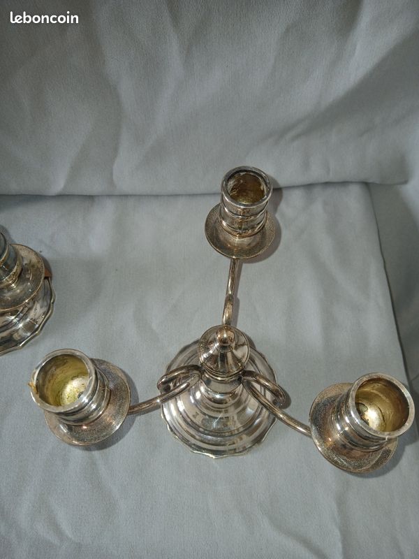 Lot De 2 Bougeoirs Coniques Métal Argenté Et Bambou, Pieds Trépied, Hauteur 33 Cm