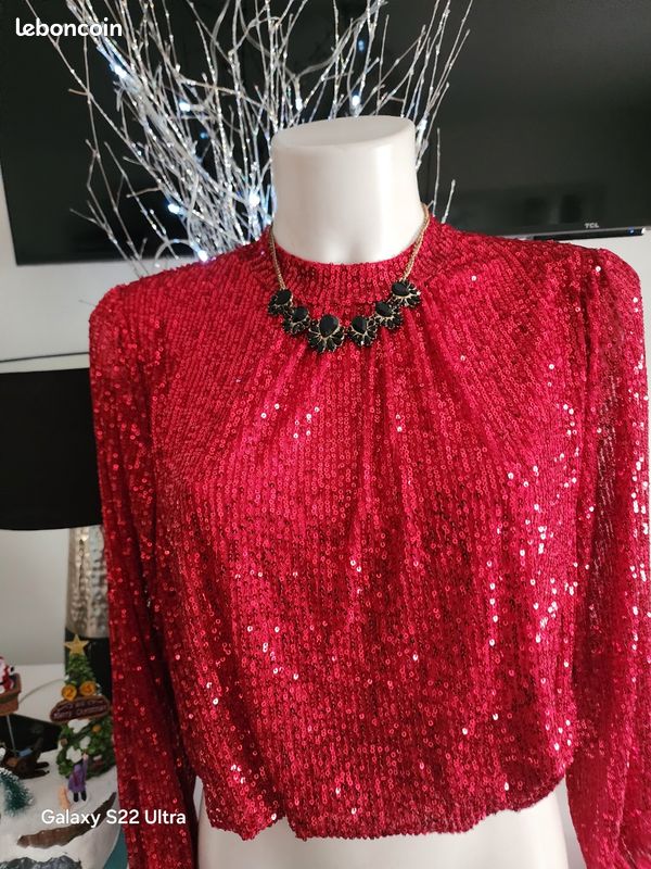 Débardeur Rouge Foncé Pailleté Sans Manches Pour Femme - Taille 2 - Neuf Jamais Porté