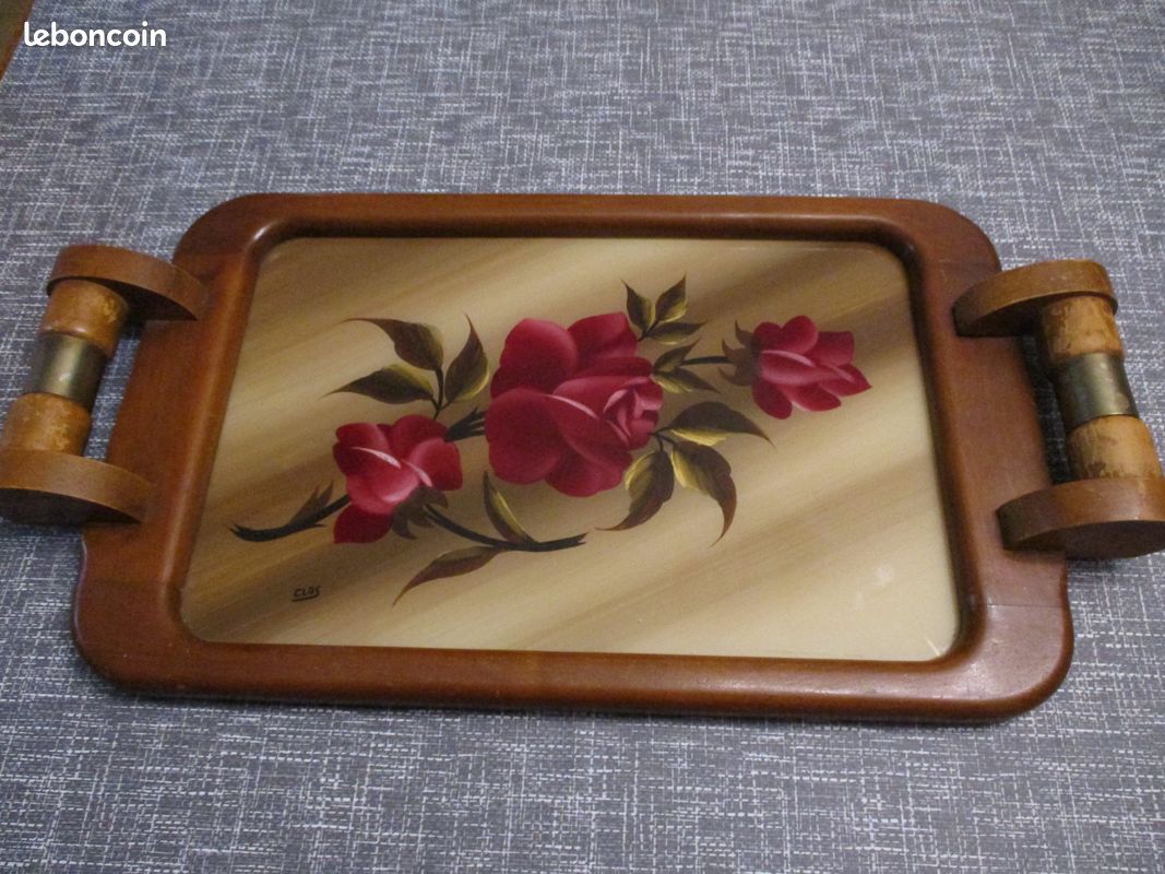 Plateau Art Déco Vintage Peint à La Main - Décor De Roses Sur Verre