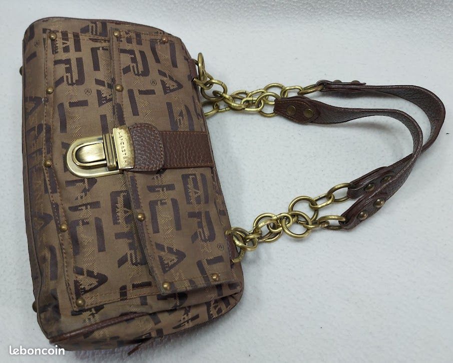 Sac à Main Vintage Lancaster - Toile Et Similicuir Noir Brillant - Style Porté Bras Ou Épaule - Occasion