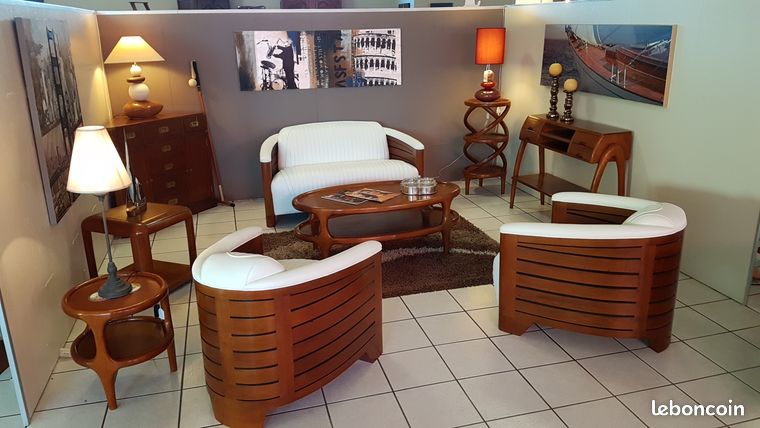 Salon club style paquebot bois et cuir blanc