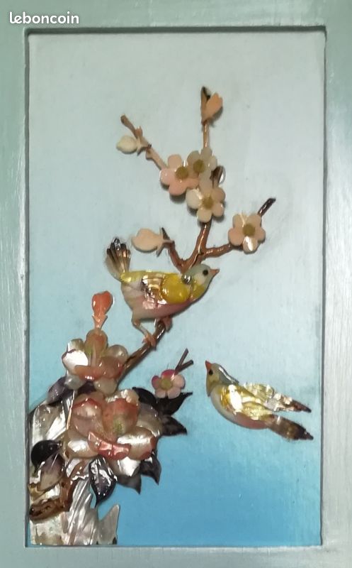 Petit tableau chinois - arbre en fleur et oiseaux - Label Emmaüs