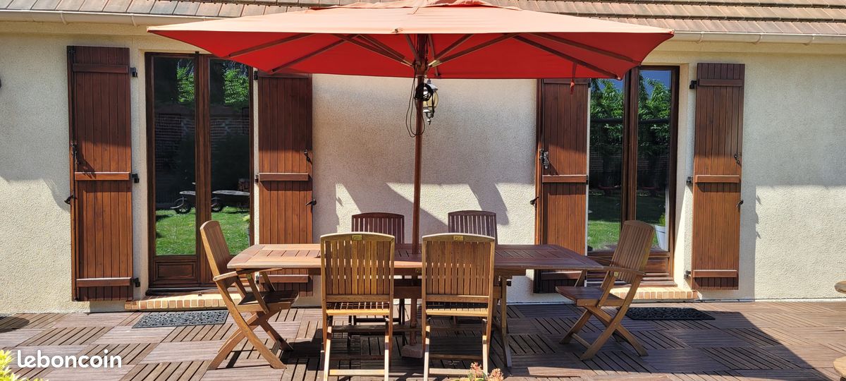 Ensemble TECK: table + 6 chaises + 2 fauteuils + 2 chaises longues + parasol (image 1)