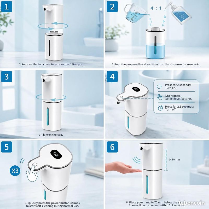 Distributeur de Savon Automatique, Distributeur de Savon Mousse Électrique avec Écran, 6 Niveaux Réglables, Rechargeable USB, Mural/Table, pour Salle de Bain et Cuisine (380ml Blanc) (image 7)