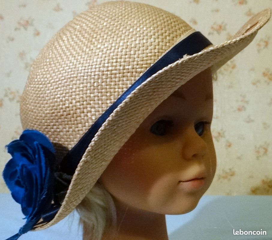 CHAPEAU EN PAILLE NATURELLE 1960 T. 53 cm avec RUBANS FLEUR EN TISSU BLEU mariage, été, défilé vintage, fabriqué en France (image 12)
