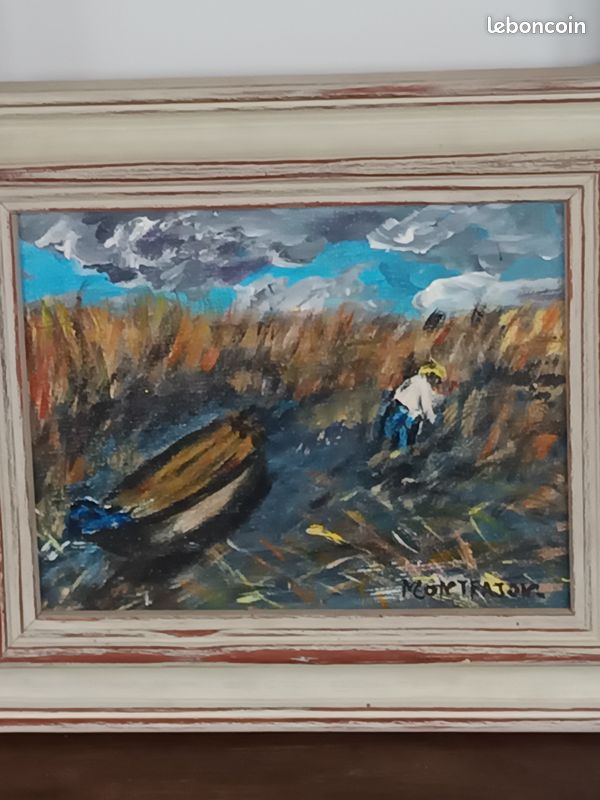 Petite huile sur toile encadrée représentant les roseaux de Gallician en Camargue (image 4)
