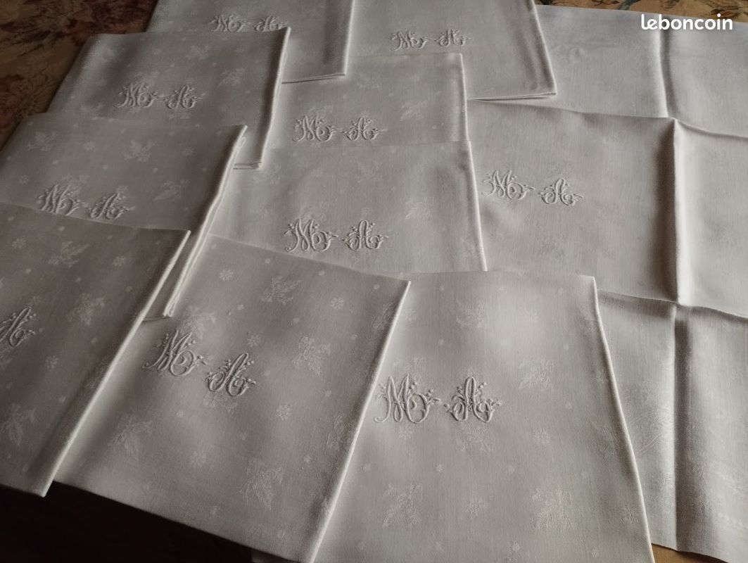 VENDU - Lot de 4 anciennes serviettes damassé monogrammes BM - Le Grenier de Lisette