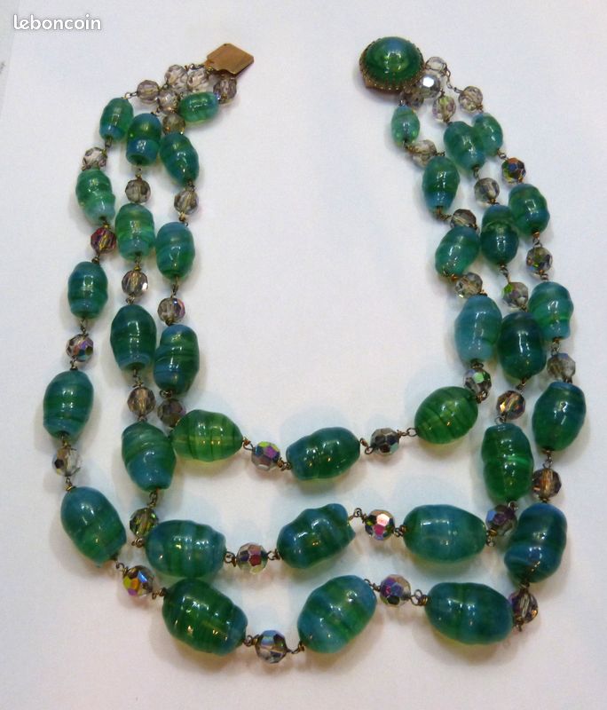 Collier 3 Rangs Vintage Années 1960 - Perles Plastique Camée - Occasion Parfait état