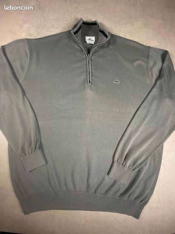 Pull lacoste homme xxl taille 7 gris kaki 100% coton demi-zip vintage #663 (image 1)