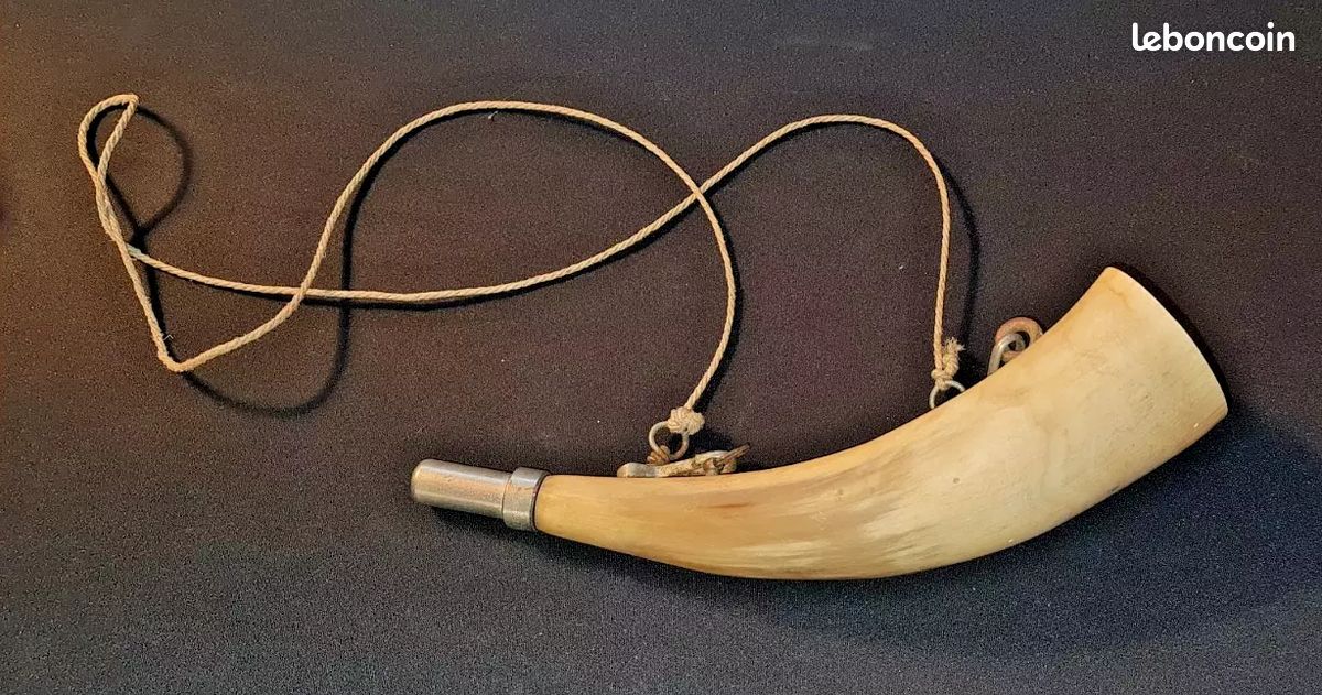 Ancienne corne à poudre en corne naturelle – accessoire de chasse