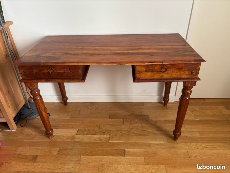 Bureau colonial acacia brun 2 tiroirs L120 cl X 60 cm (image 1)