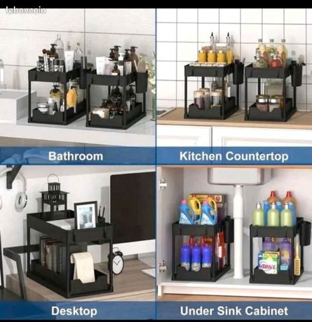 Support Micro-Ondes 2 Niveaux Extensible | Avec Crochets | Noir - Rangement Cuisine