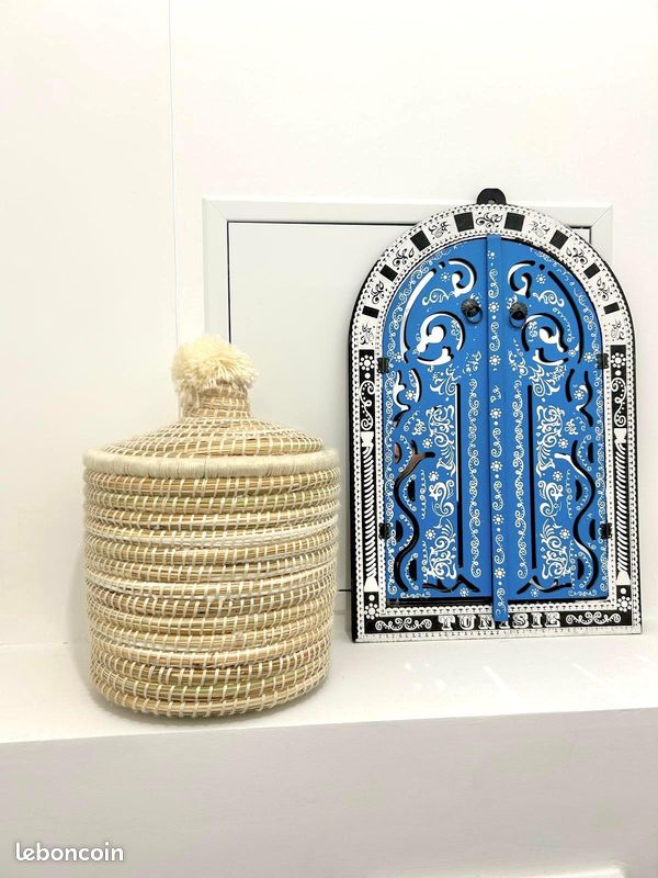 Panier de rangement marocain paille et laine blanc ronde 20cm (image 1)