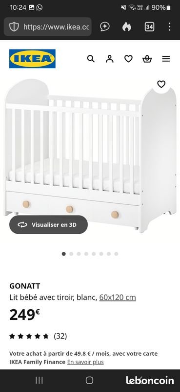 Lit bébé Gonatt IKEA gris Mobilier enfant