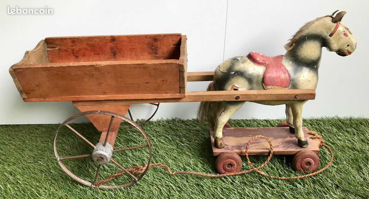 ANCIEN JOUET, CHEVAL et charrette en bois à tirer, Czechoslovakia EUR 69,99 - FR