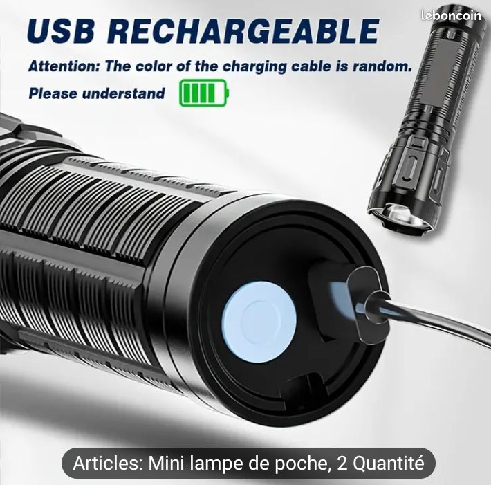 Mini Lampe Torche LED Noire Avec Câble USB Rechargeable - 60 Mm - Étanche