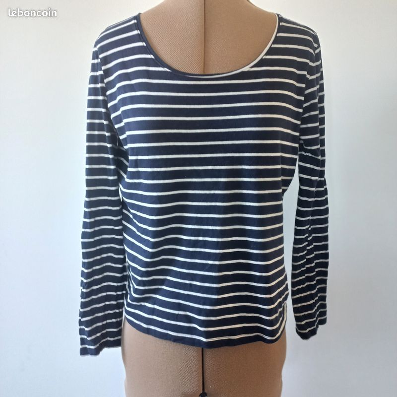 Haut Femme à Rayures LINEA - Bleu Marine Et Moutarde, Manches Longues, Taille 16, Neuf Avec étiquettes