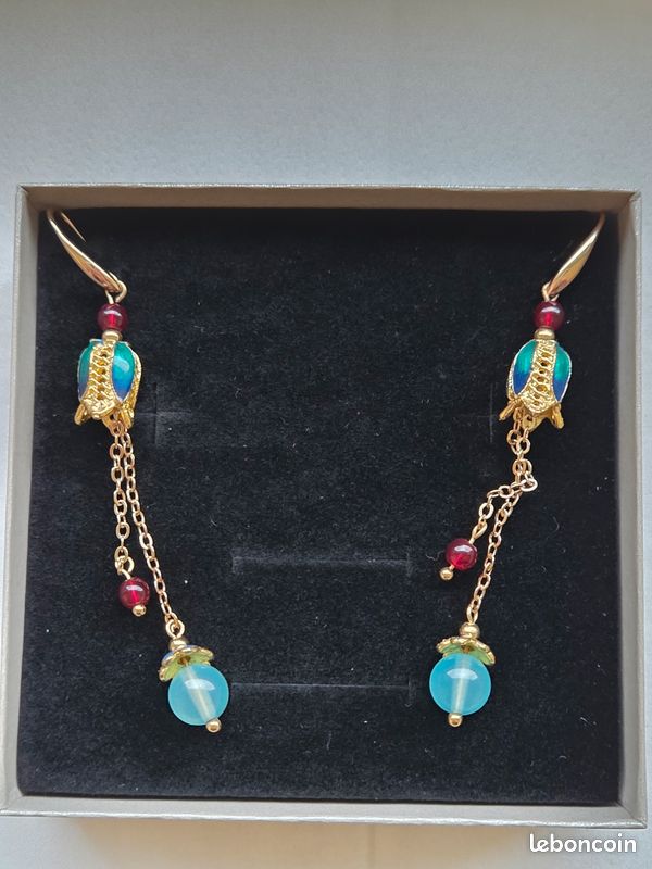 Boucles D'oreilles Percées Vintage Or émail Vert D'eau - Bijou Rétro Charmant