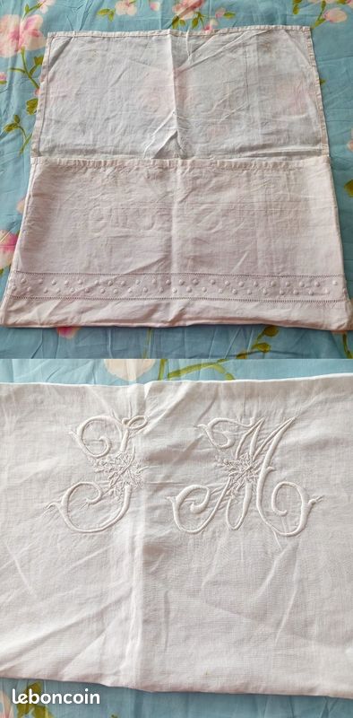 Housse oreiller ou coussin avec très beau monogramme JM entièrement brodé mains (image 4)