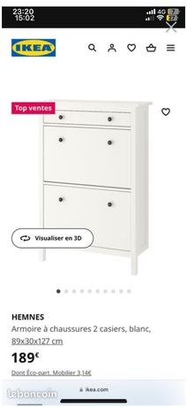 HEMNES Armoire à chaussures 2 casiers, blanc, 89x30x127 cm - IKEA
