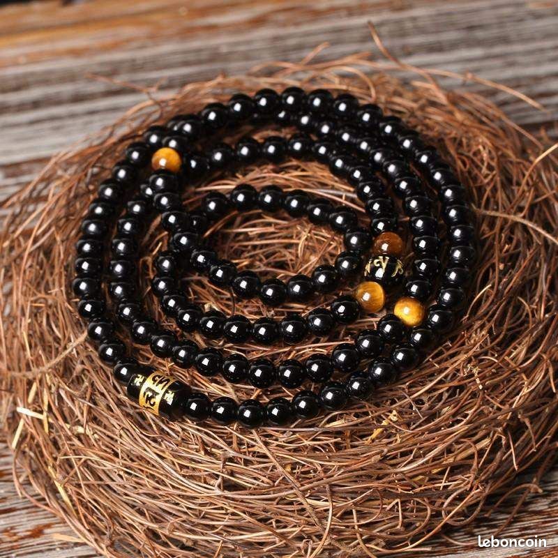Bracelet collier Tibétain mantra multitour en Agate noire et Oeil de Tigre (image 3)
