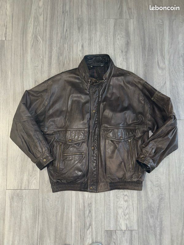 Blouson En Cuir Marron Vintage Années 80 - Taille L, Occasion Très Bon état, Patine Magnifique