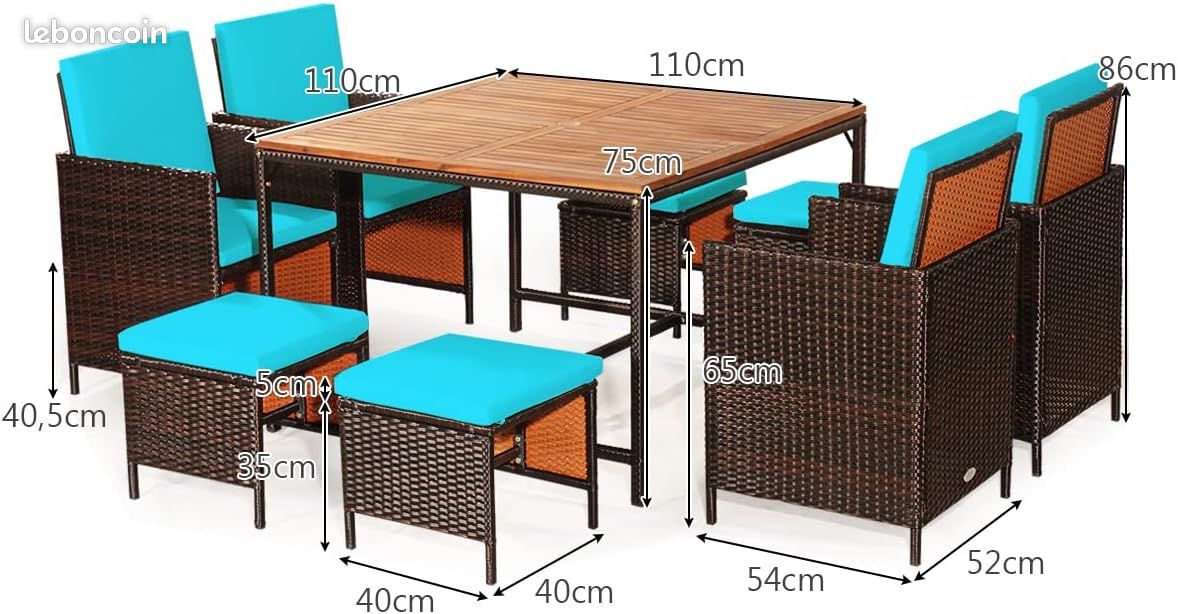 Salon de Jardin Encastrable Rotin Marron -Table Plateau Bois Acacia - Fauteuils - Tabourets - Coussins Turquoise Déhoussables (image 1)