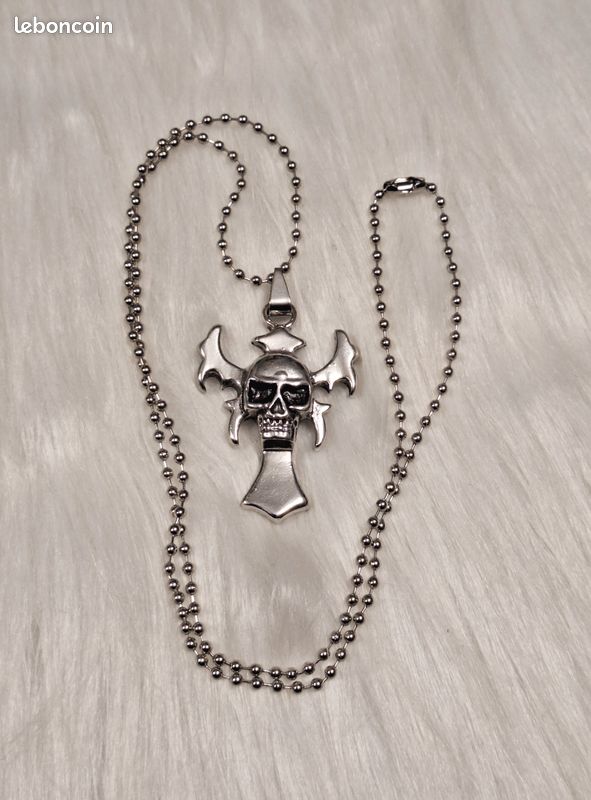 Chaîne et pendentif croix tête de mort acier inoxydable Neuf mixte (image 9)