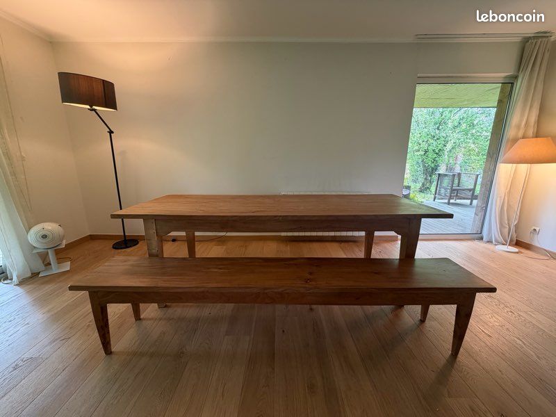 Table de menuisier en bois massif merisier 230 et son banc (image 1)