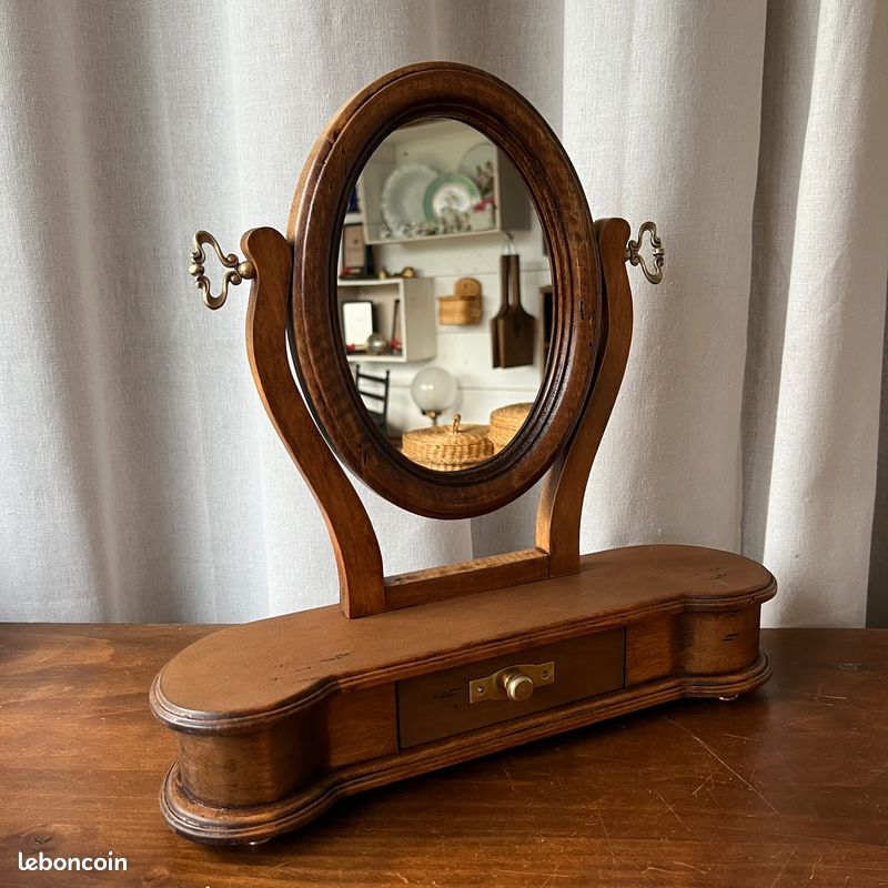 Petit Miroir Psyché En Bois Vintage - Cadre Marron Ovale - Hauteur 57 Cm - Occasion Fonctionnel