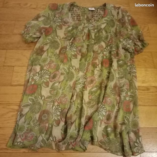 Top Vintage Jacqueline Riu Années 90 - Beige Doré, Motifs Jacquard - Taille 2 - Fabriqué En France