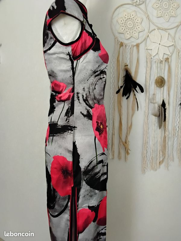 Robe longue cheongsam, noir et rouge, coquelicot (image 5)