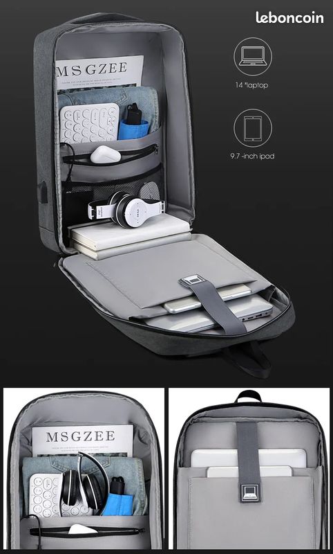 Sac à Dos pour Ordinateur Portable Idéal Pour Voyages Etanche Antivol Prise USB (image 7)