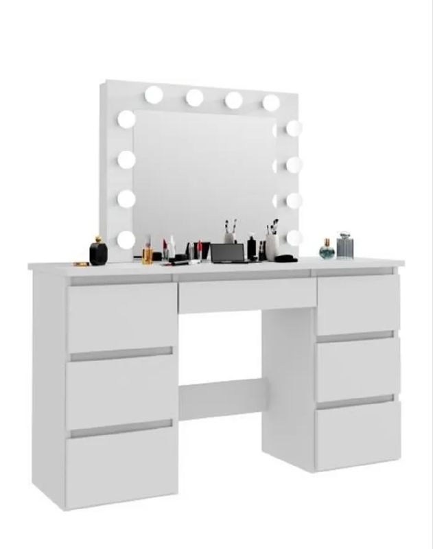 Coiffeuse blanc et gris avec 2 tiroirs un miroir à LED et un tabouret  DIEPPE 
