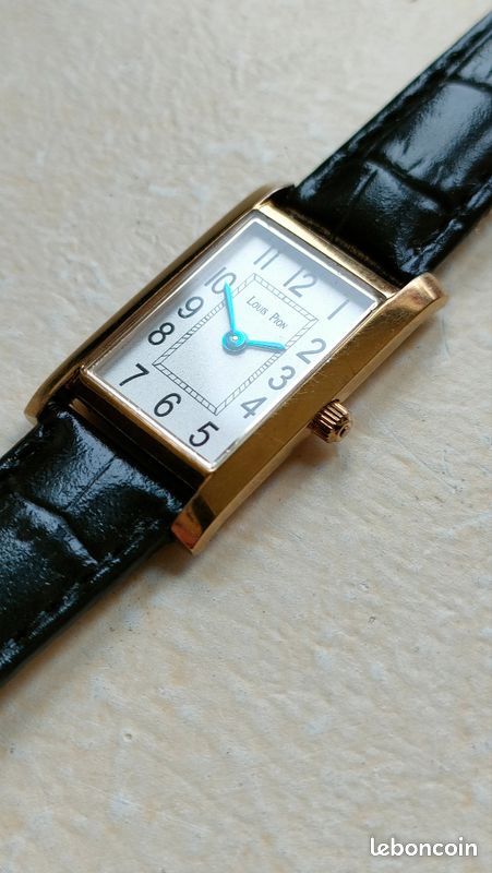 Montre Vintage Louis Pion Quartz - Cadran Argenté, Bracelet Cuir Bleu, Boîtier Rectangle 16 Mm