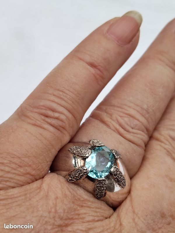 Bague en argent 925 avec aigue marine taillée ovale taille 55 FORT