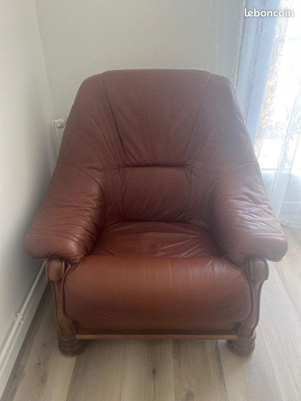 Fauteuil en cuir et bois massif (image 1)