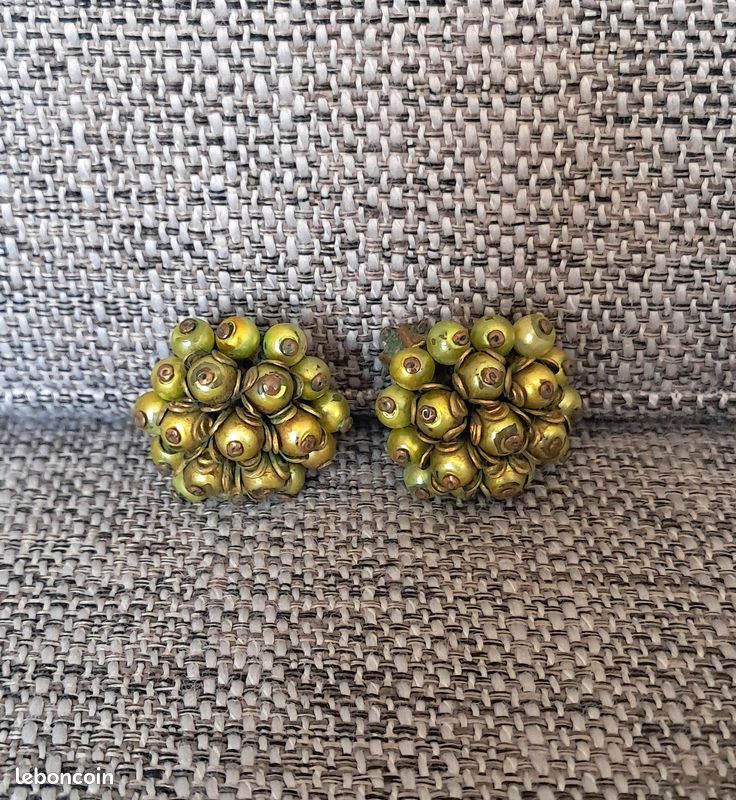 Boucles D'oreilles Clips Vintage Années 70 - Pampilles, Perles Olive Noir Et Or - Modèle 694